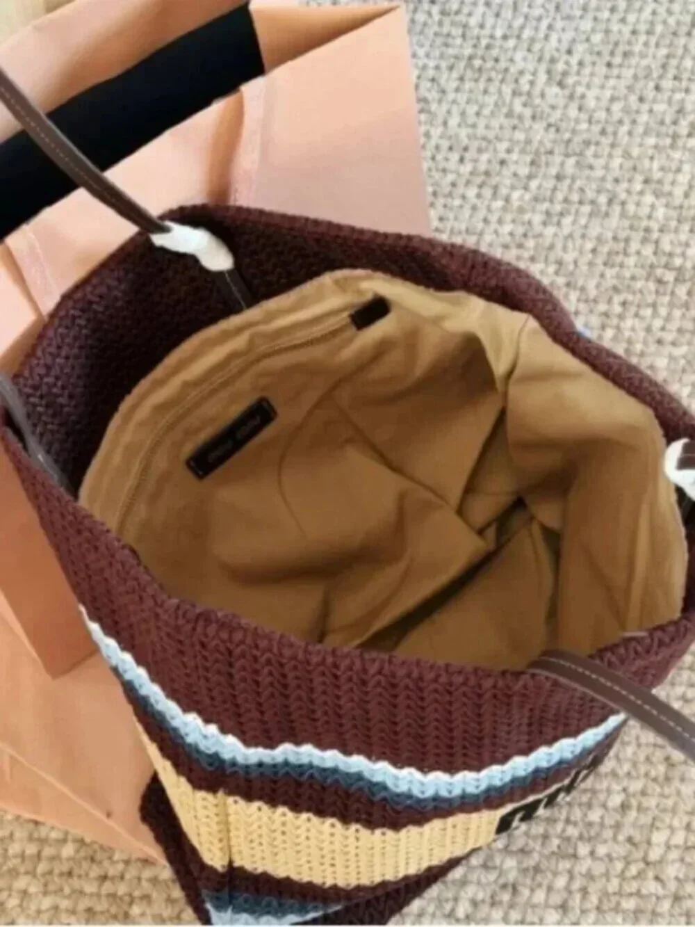 Miu Miu Striped Knitted Large Tote Bag Logo Embroidery Summer Beach Shopper Hand
